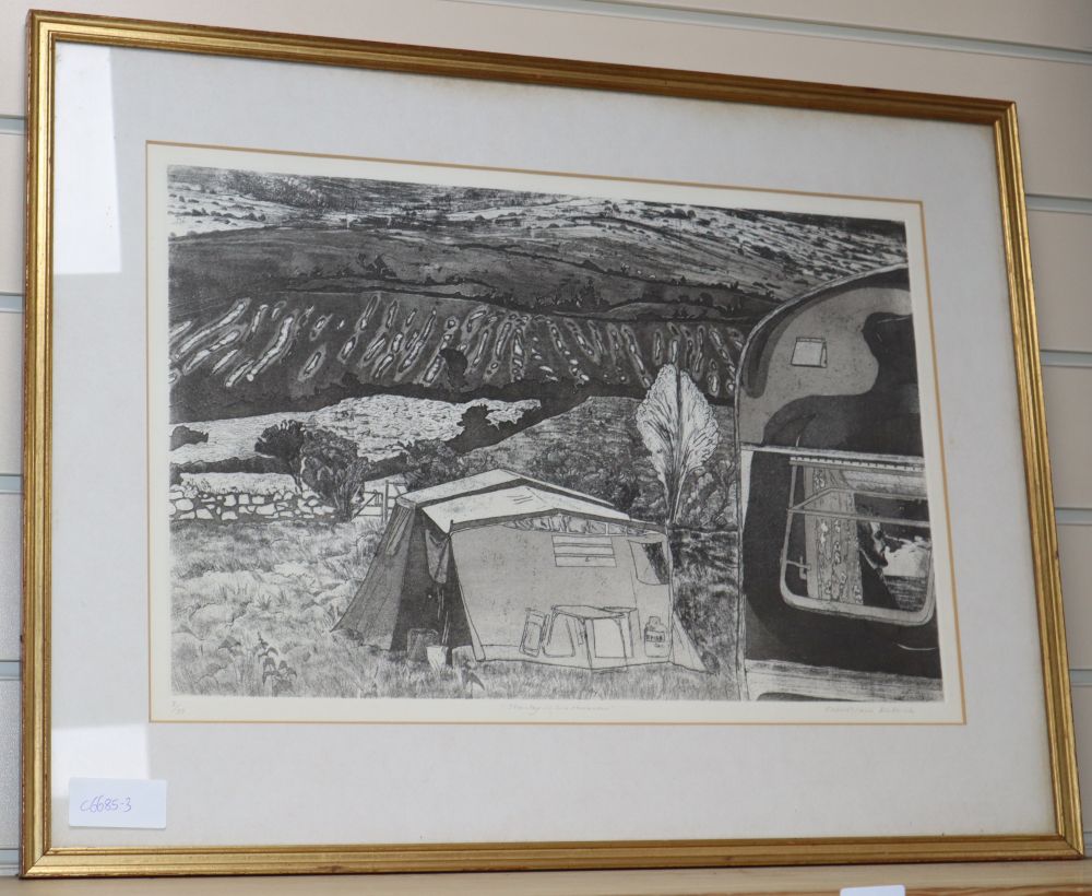 Christiane Kubrick, etching and aquatint Stanley in his caravan signed in pencil, 3/30, 30 x 47cm